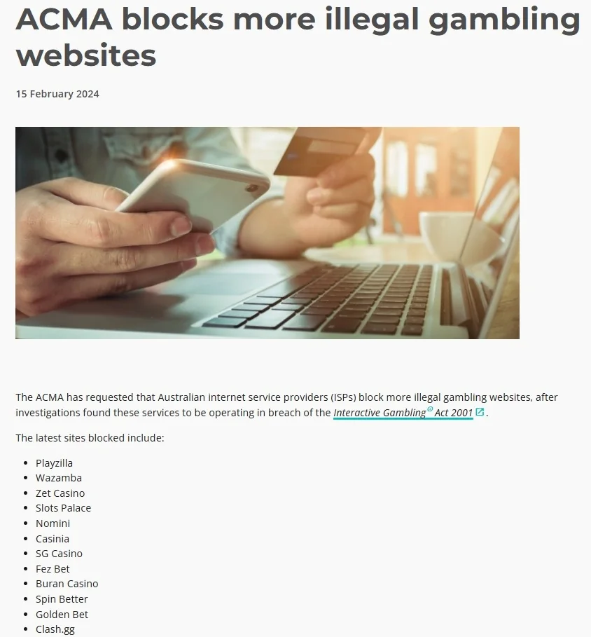 ACMA page listing Golden Bet in Australian illegal gambling website blocking action