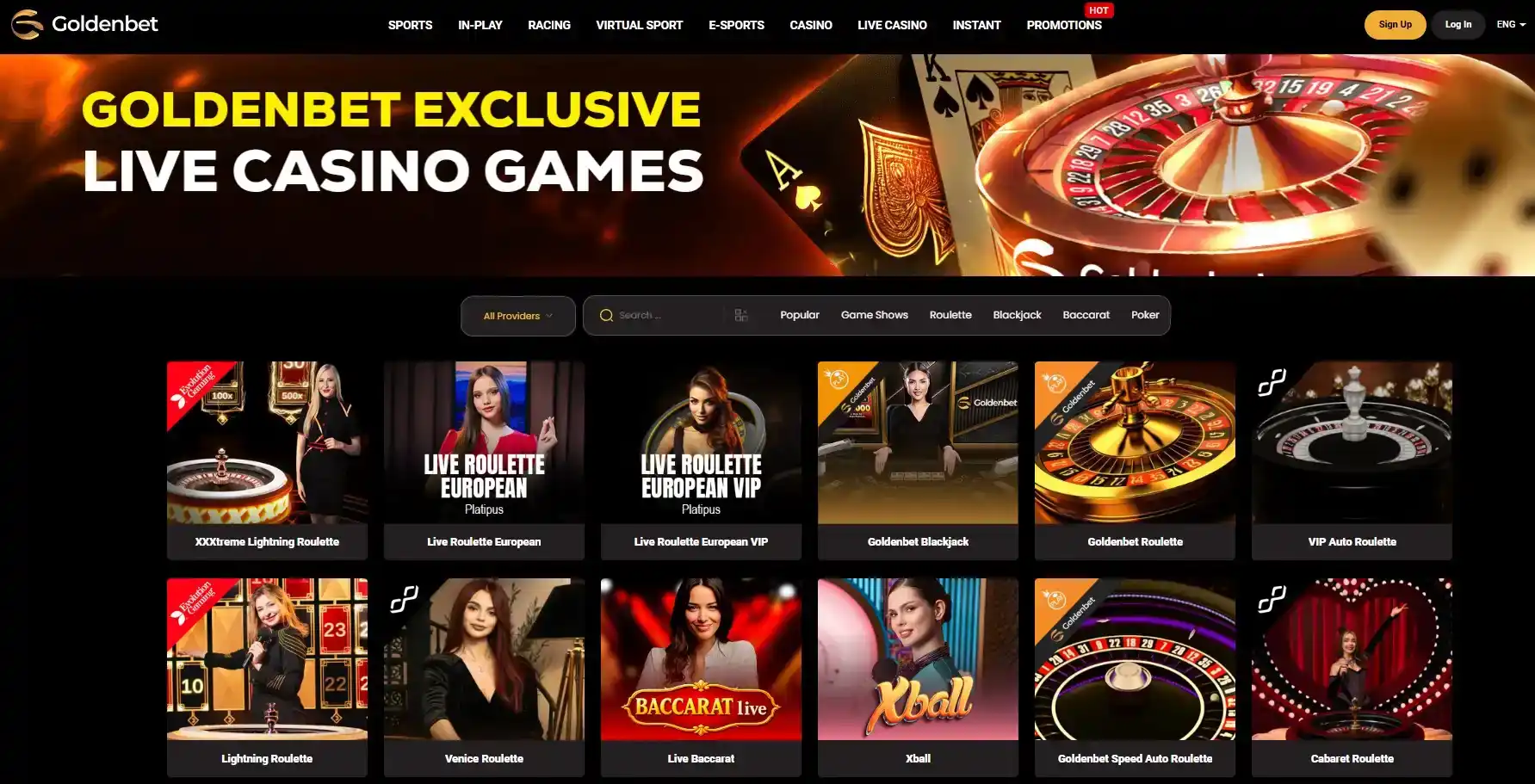 Goldenbet live casino lobby showing live dealer categories and provider filters