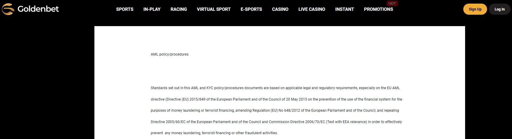 Goldenbet AML KYC or account verification page with no personal data visible