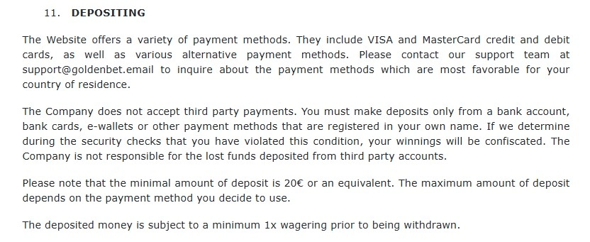 Goldenbet cashier deposit screen with AUD payment methods visible