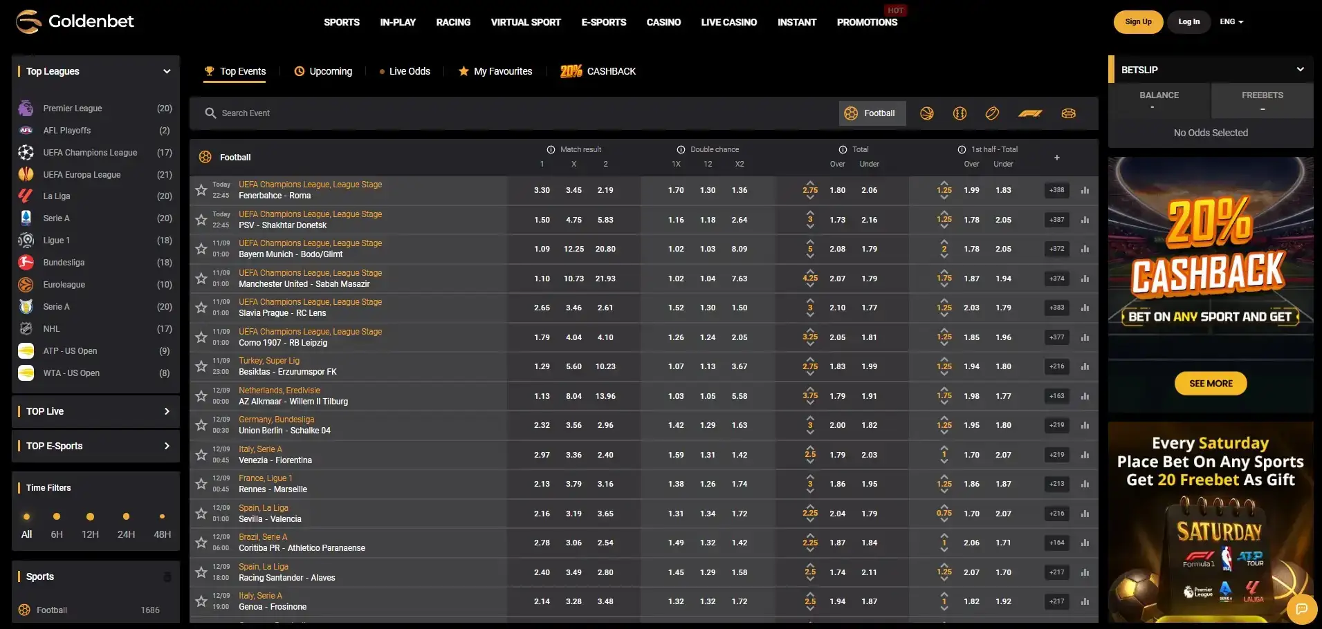 Goldenbet sportsbook interface showing sports, in-play, racing and esports navigation