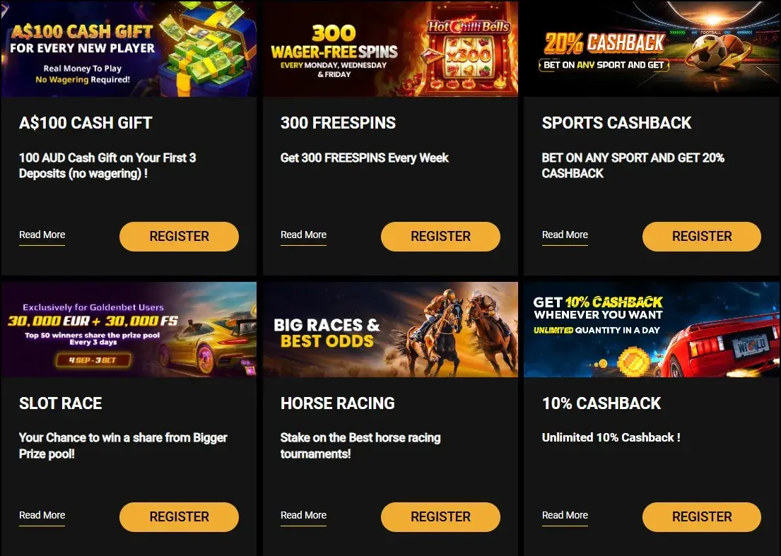 Goldenbet Australia promotions page showing the current cash-gift offer and AU eligibility terms