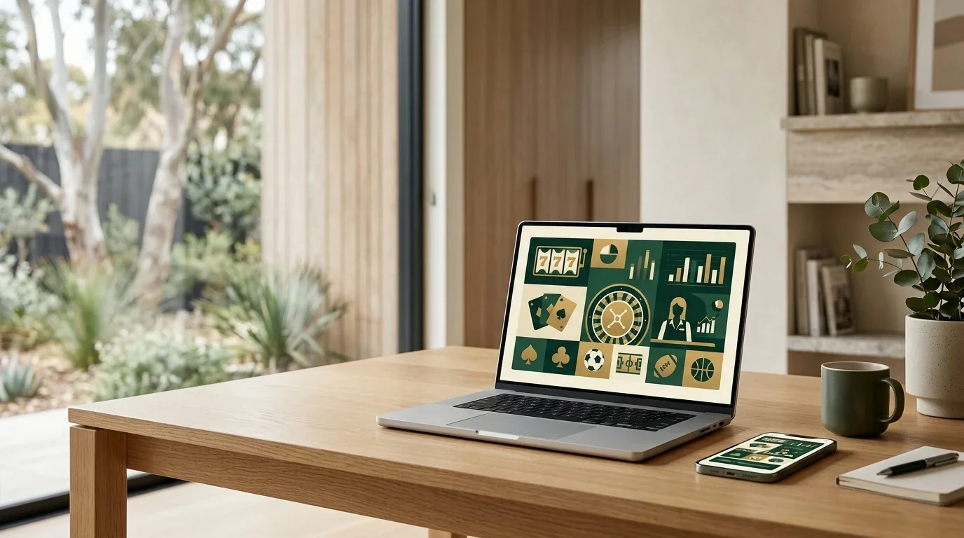 Editorial illustration of an Australian online casino review on laptop and mobile devices