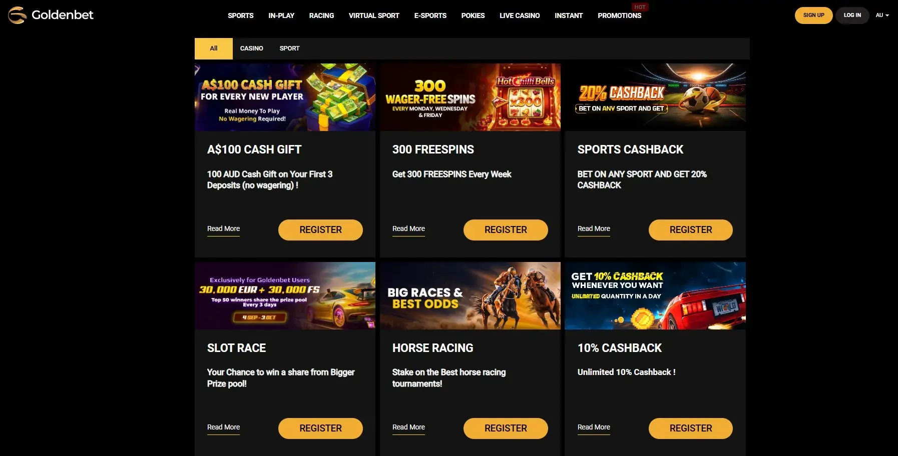 Goldenbet Australia promotions page showing AU and AUD offer terms