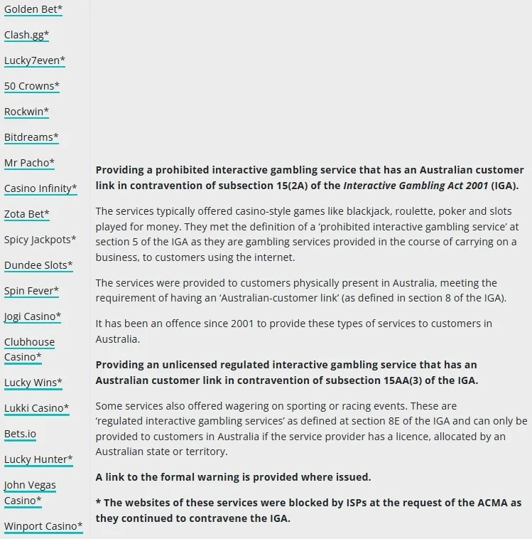 ACMA Golden Bet enforcement or website blocking record